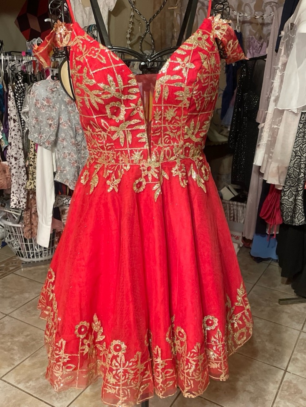 Red Embroidered Off-Shoulder Prom Dress with Gold Accents